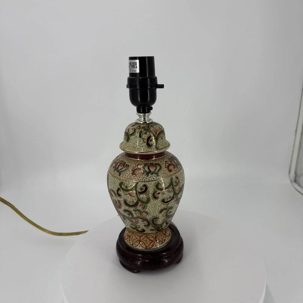 Vtg Asian Satuma Style Ginger Jar‎ Lamp Hand Painted Floral Chinoiserie Enamel